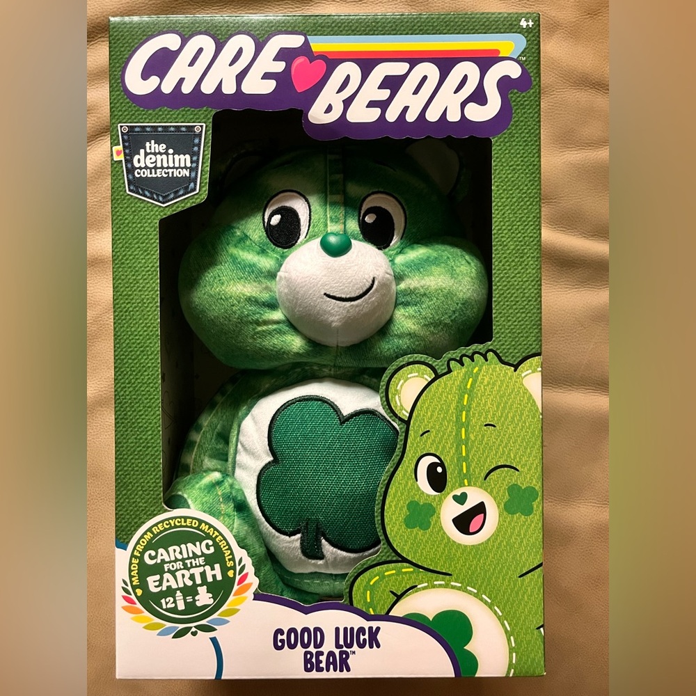 2023 Care Bears "The Denim Collection" Good Luck Bear plush toy.